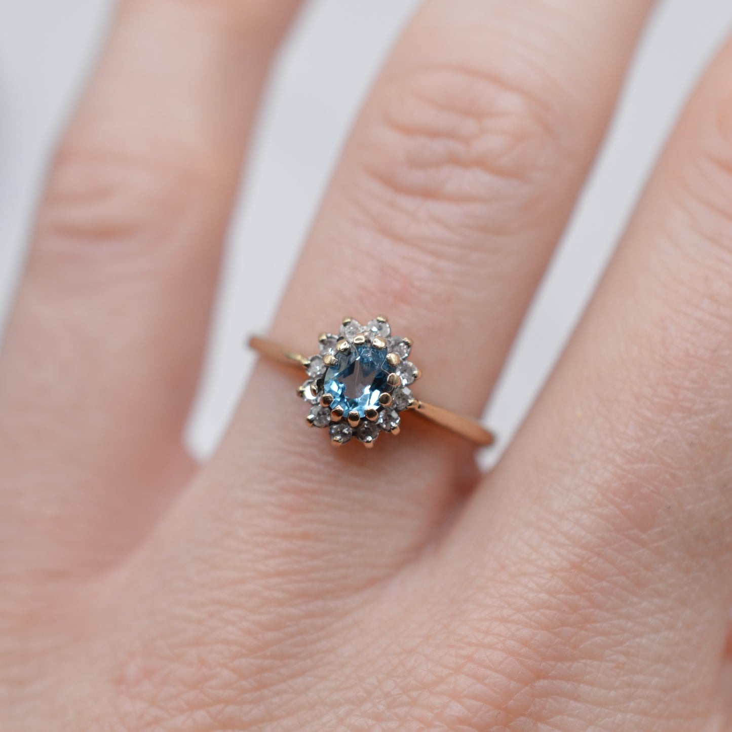 *RESERVED* 1980s 9ct Gold Blue Topaz & Diamond Cluster Ring