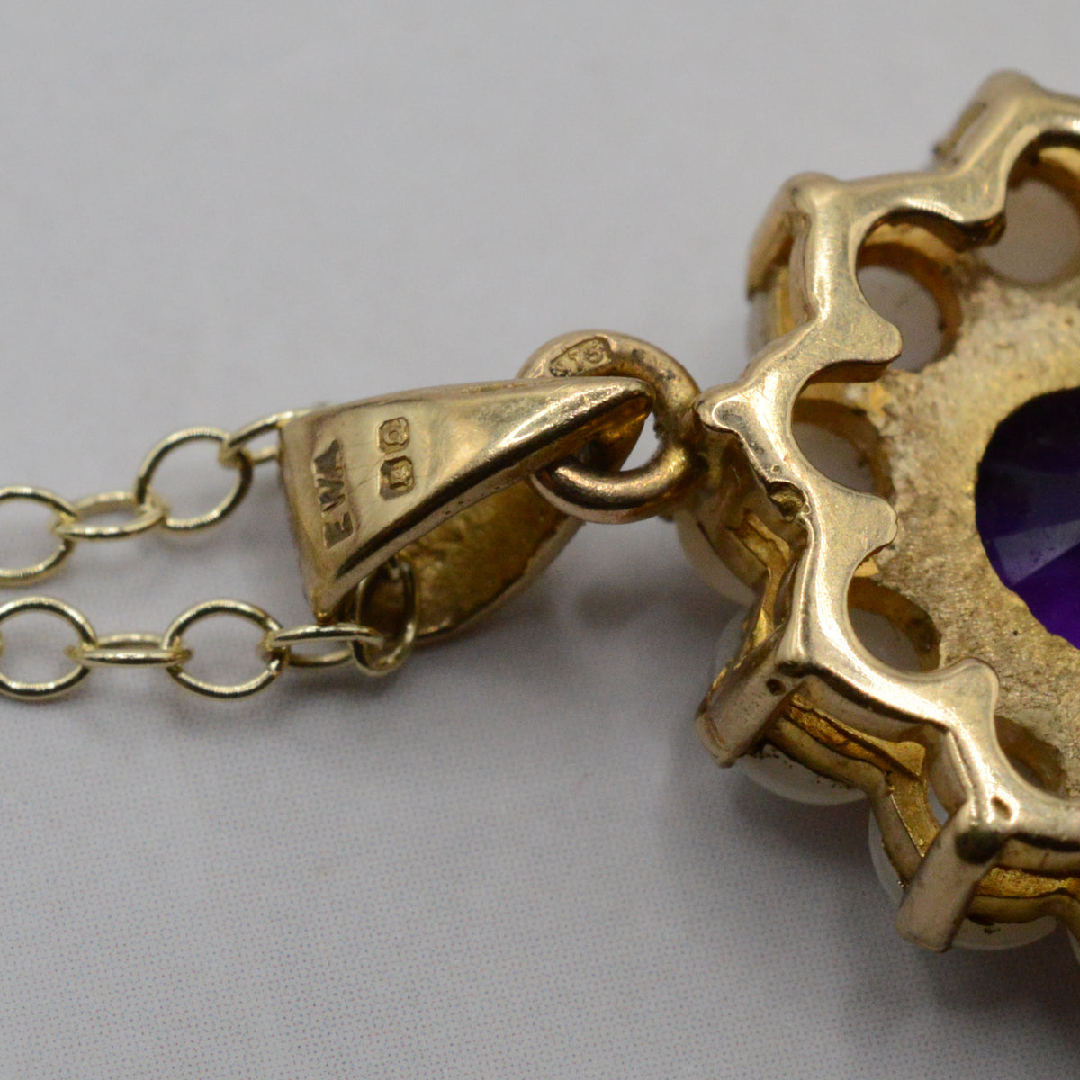 1990s 9ct Gold Amethyst & Pearl Pendant Necklace (16")