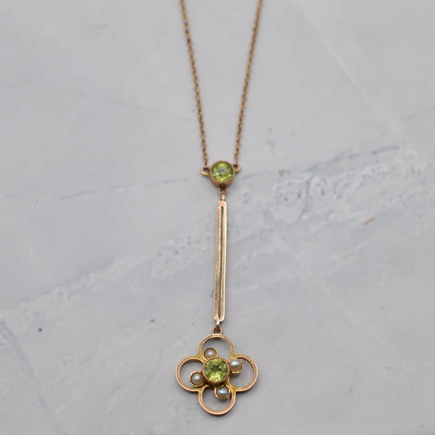 Antique Art Nouveau 9ct Gold Peridot & Pearl Drop Necklace (18”)