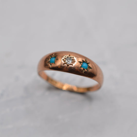 Antique Victorian 9ct Gold Turquoise & Diamond Gypsy Trilogy Ring