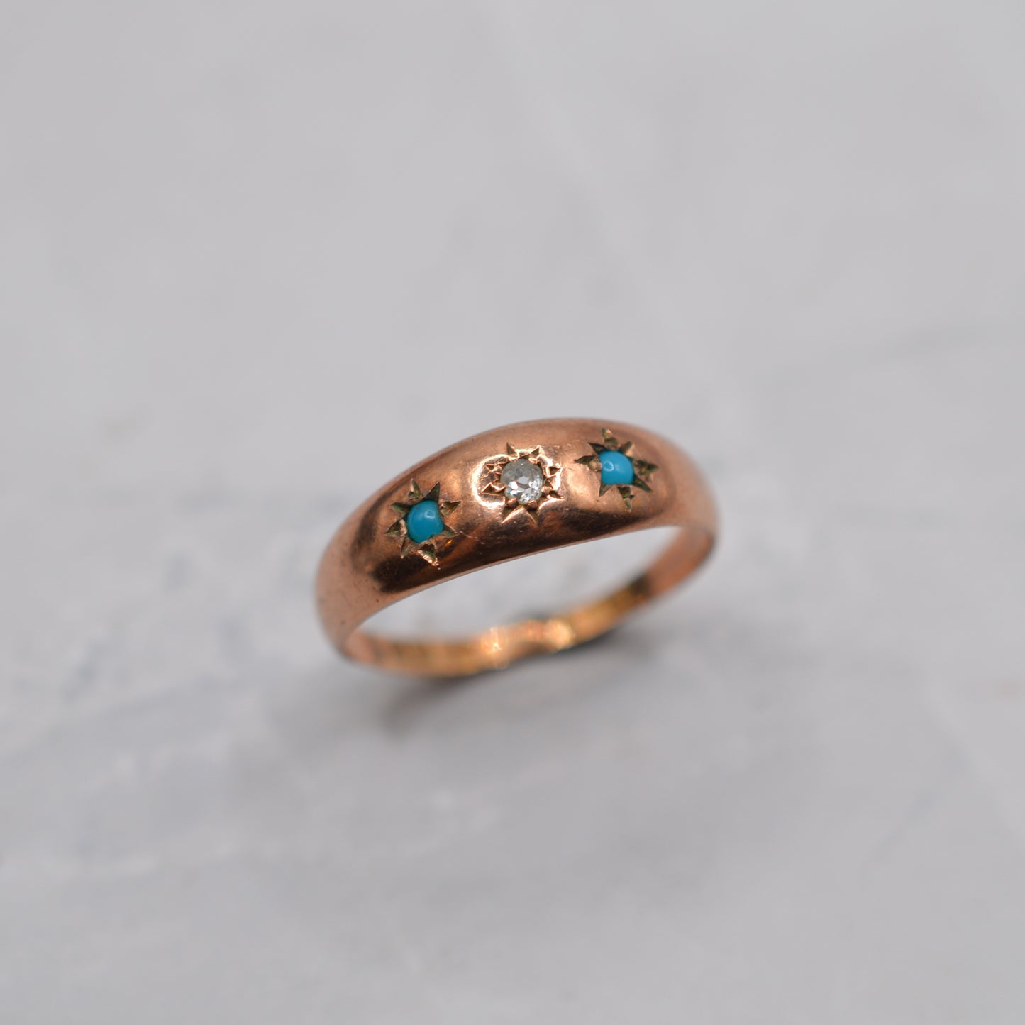 Antique Victorian 9ct Gold Turquoise & Diamond Gypsy Trilogy Ring