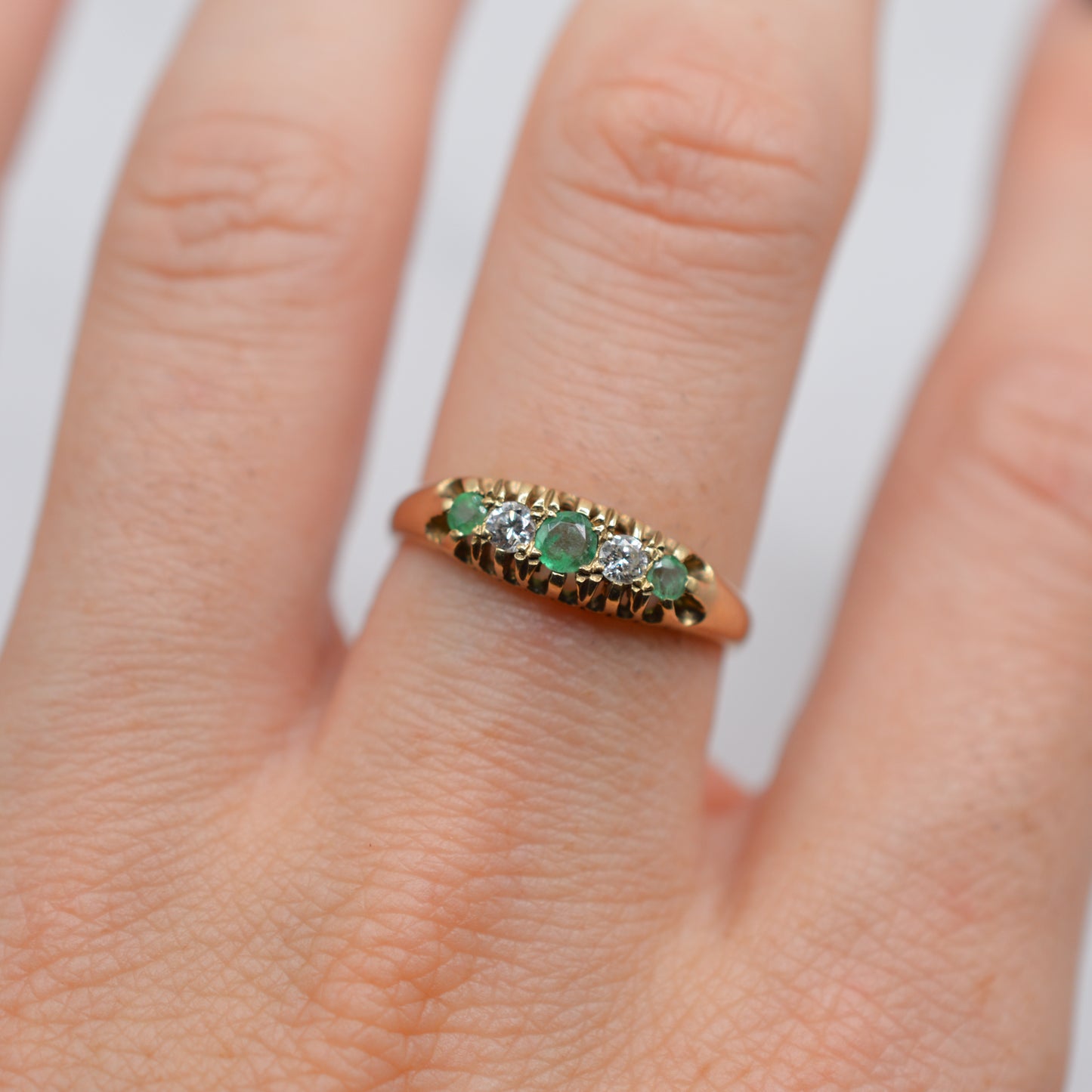 1980s Vintage 9ct Gold Emerald & Diamond Five-Stone Ring