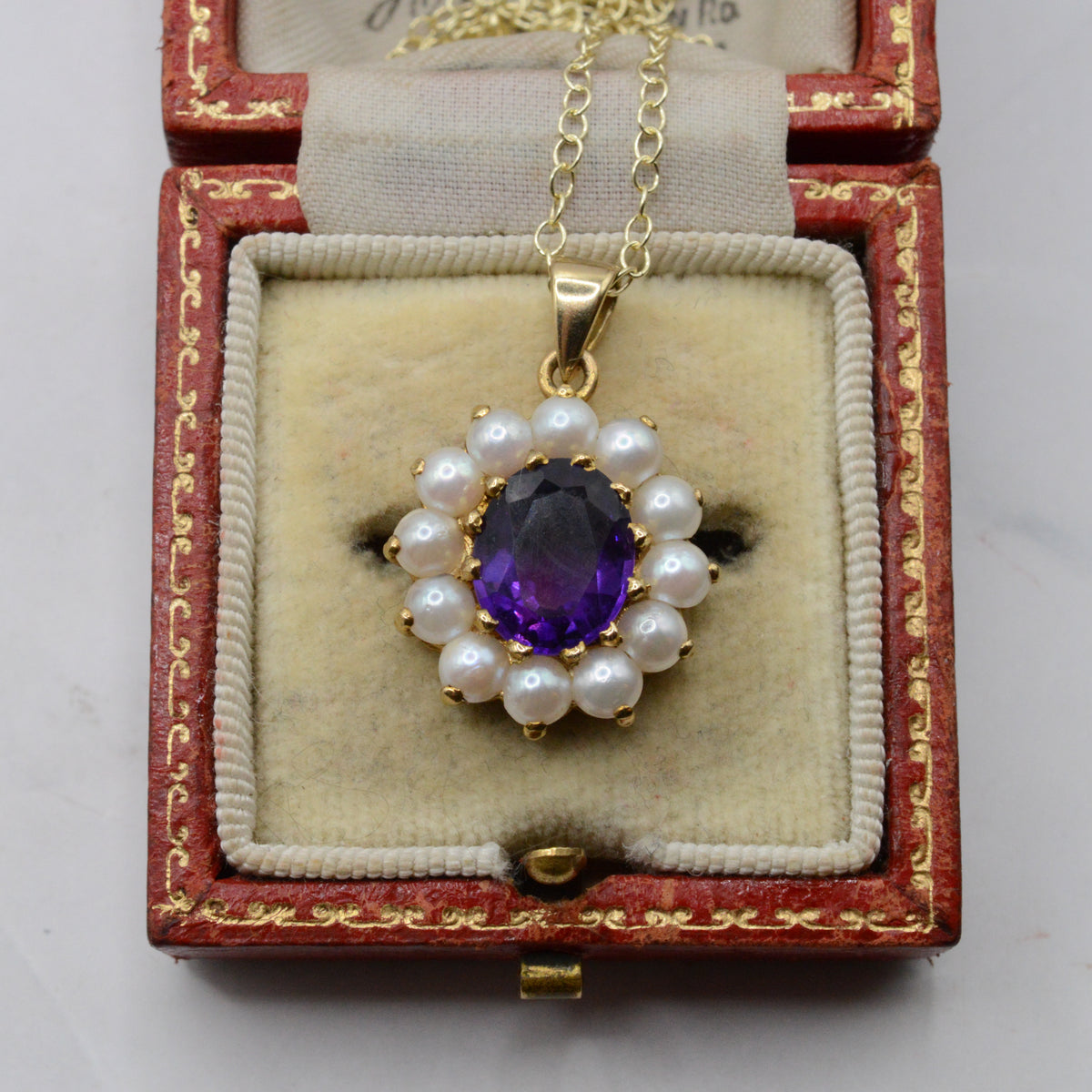 1990s 9ct Gold Amethyst & Pearl Pendant Necklace (16")