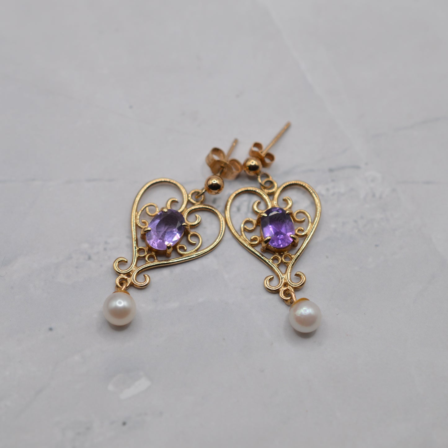 1990s 9ct Gold Amethyt & Pearl Dangly Earrings
