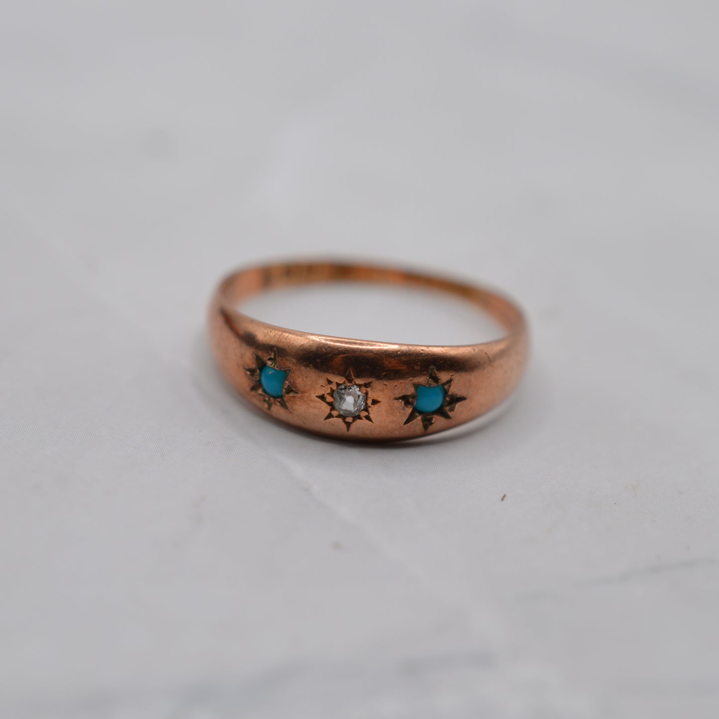 Antique Victorian 9ct Gold Turquoise & Diamond Gypsy Trilogy Ring