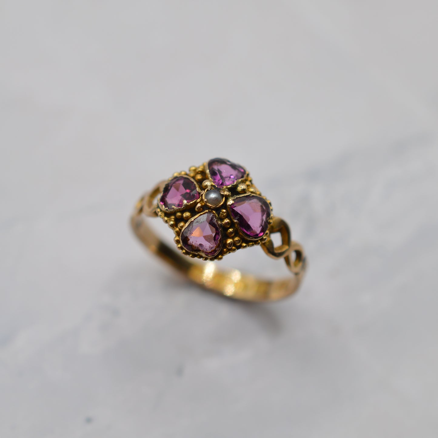 1864 Victorian Antique 12ct Gold Garnet & Pearl Ring