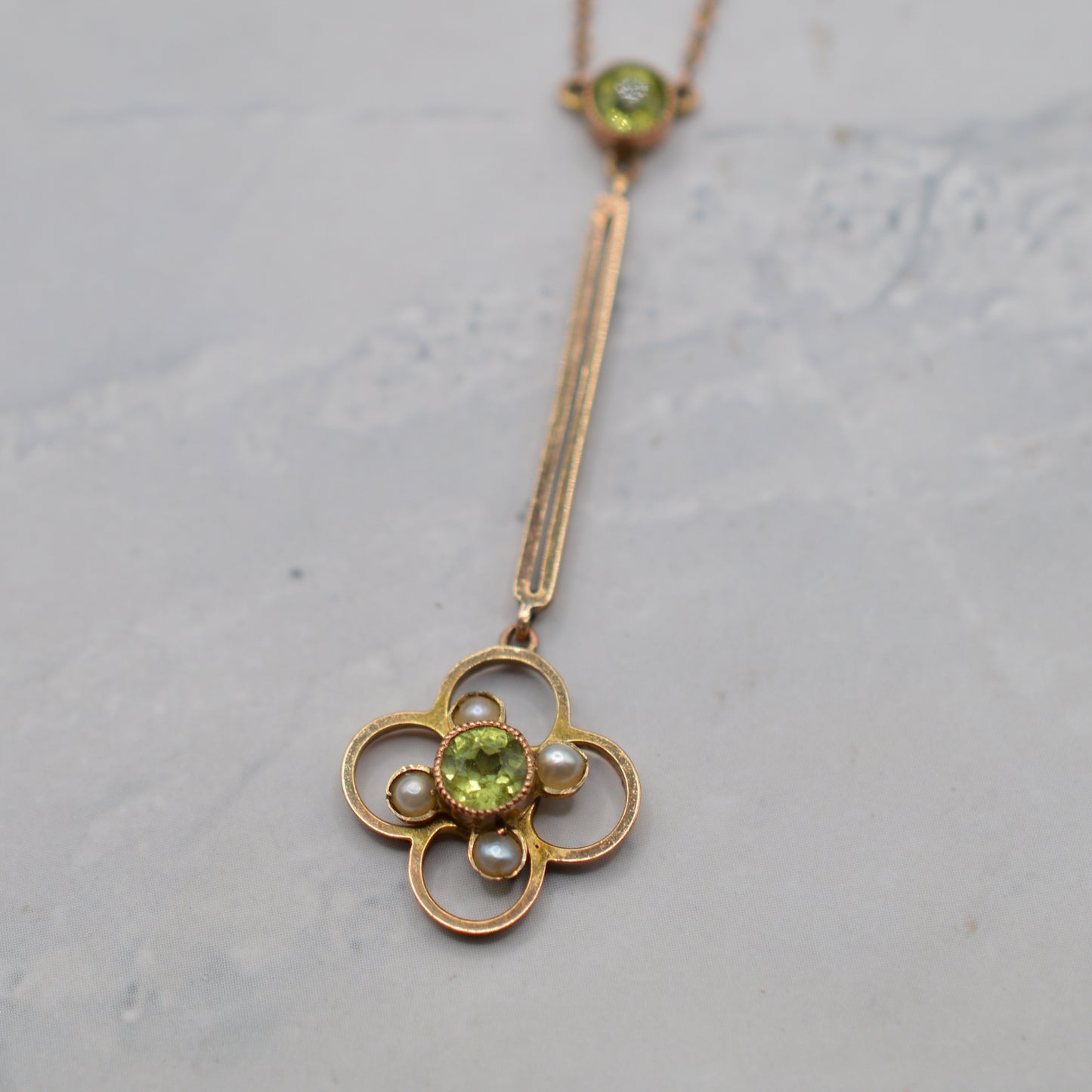 Antique Art Nouveau 9ct Gold Peridot & Pearl Drop Necklace (18”)