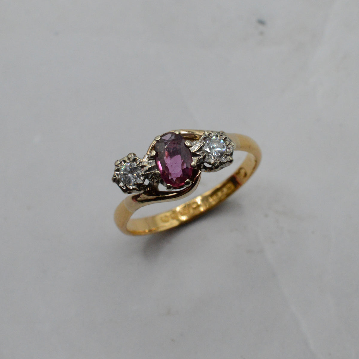 1940s Vintage 22ct Gold Ruby & Diamond Crossover Trilogy Ring