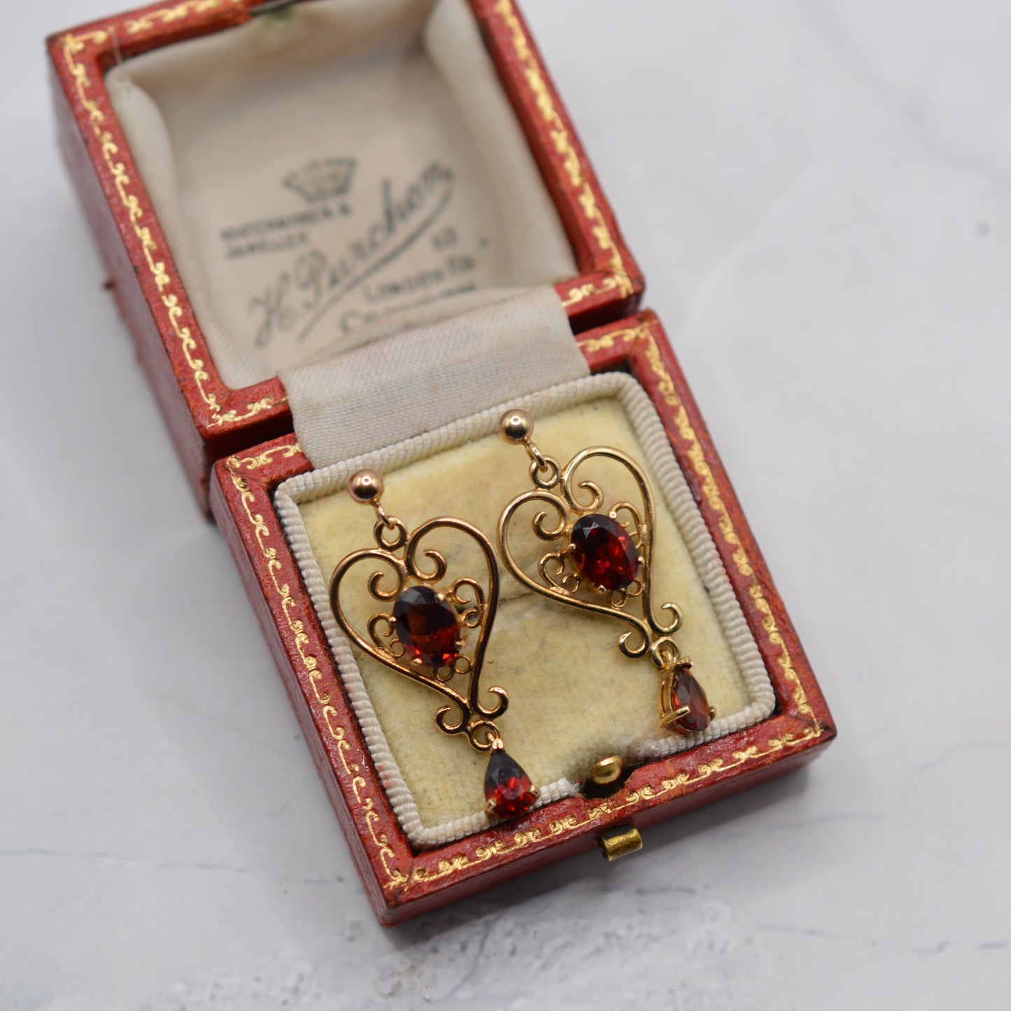 1990s Large 9ct Gold Garnet Openwork Drop Earrings