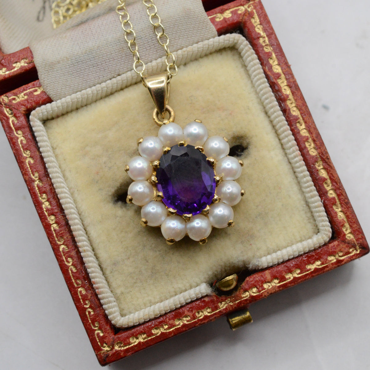 1990s 9ct Gold Amethyst & Pearl Pendant Necklace (16")