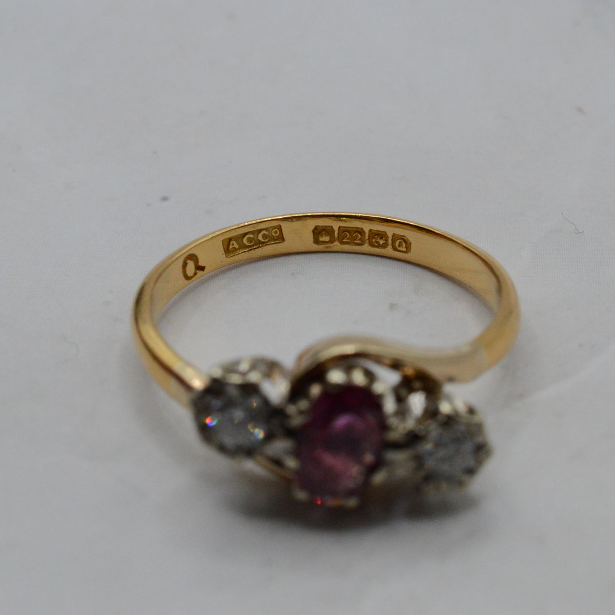1940s Vintage 22ct Gold Ruby & Diamond Crossover Trilogy Ring