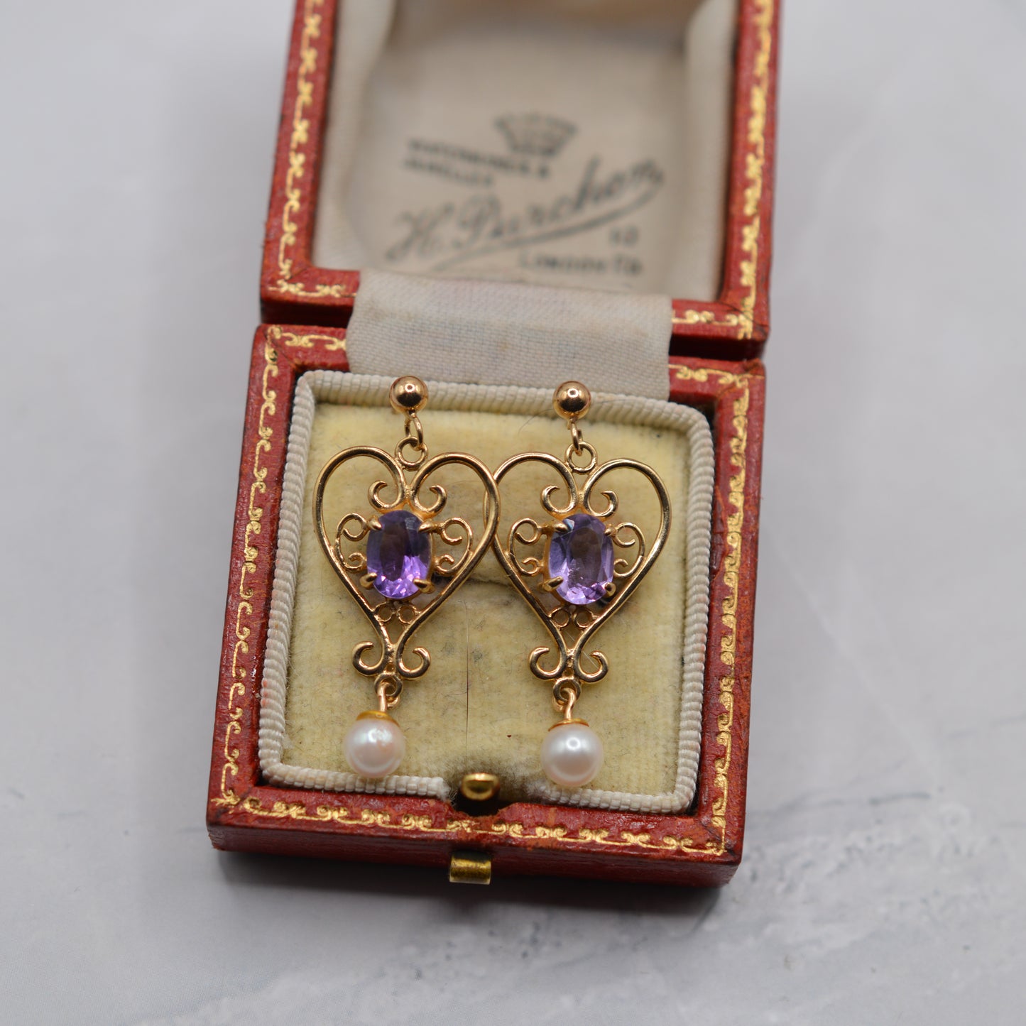 1990s 9ct Gold Amethyt & Pearl Dangly Earrings