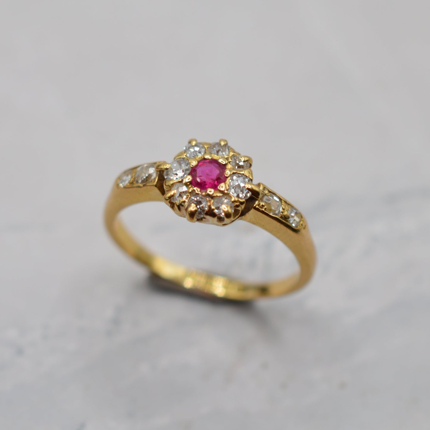 Antique 1912 18ct Gold Ruby & Diamond Cluster Ring