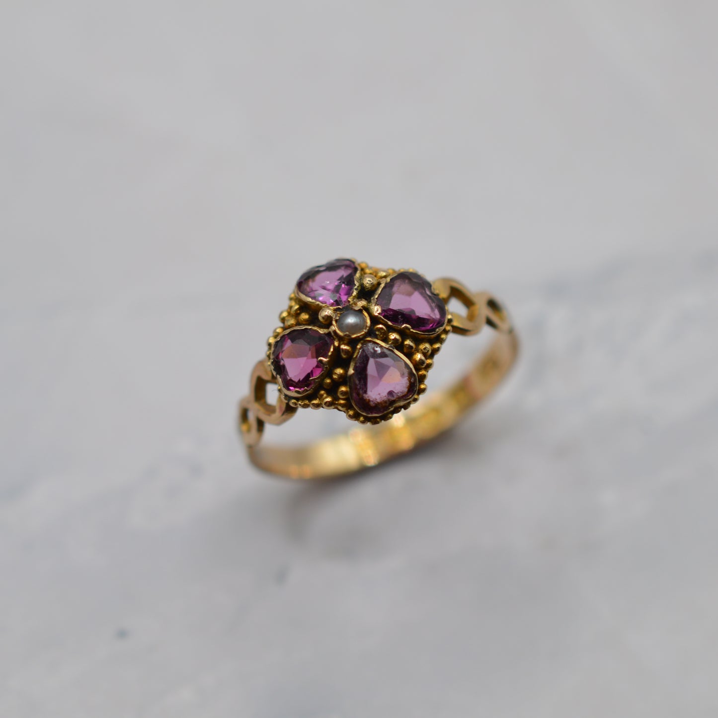 1864 Victorian Antique 12ct Gold Garnet & Pearl Ring