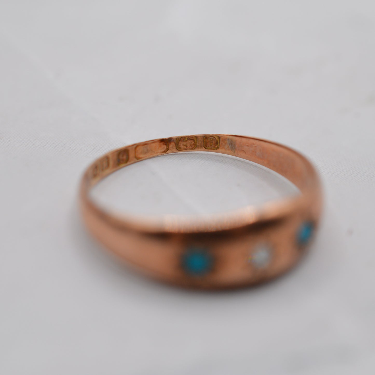 Antique Victorian 9ct Gold Turquoise & Diamond Gypsy Trilogy Ring