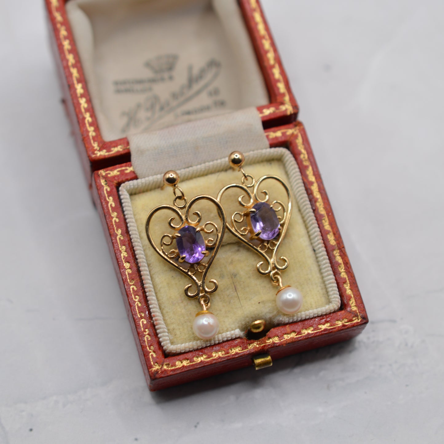 1990s 9ct Gold Amethyt & Pearl Dangly Earrings