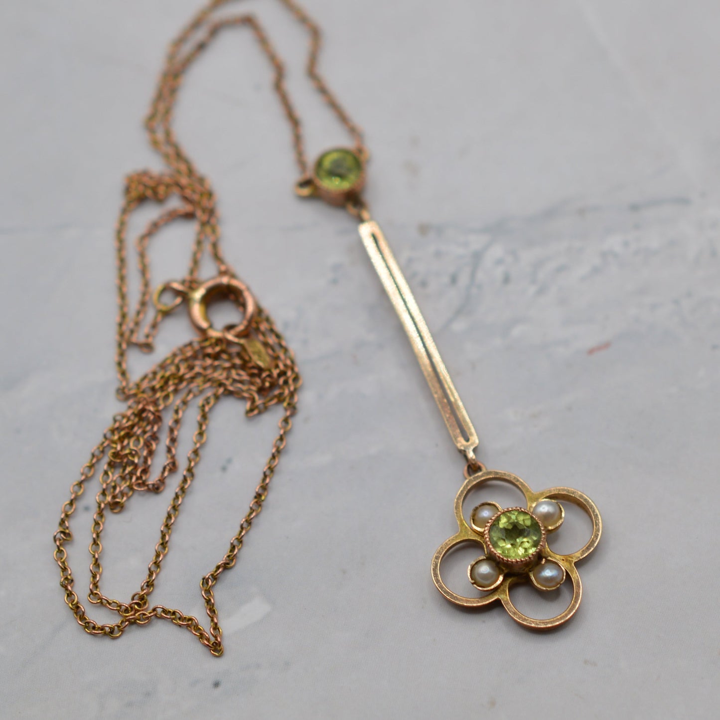 Antique Art Nouveau 9ct Gold Peridot & Pearl Drop Necklace (18”)