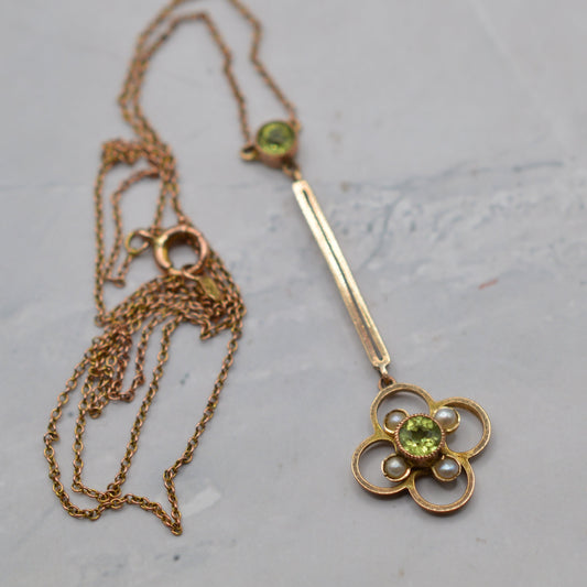 Antique Art Nouveau 9ct Gold Peridot & Pearl Drop Necklace (18”)