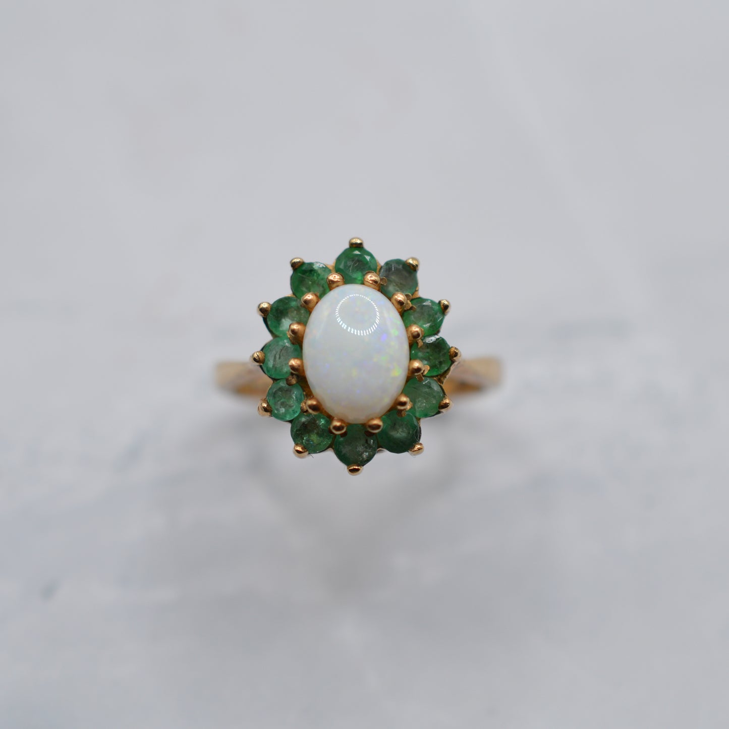 Chunky 1970s Vintage 9ct Gold Opal & Emerald Cluster Ring