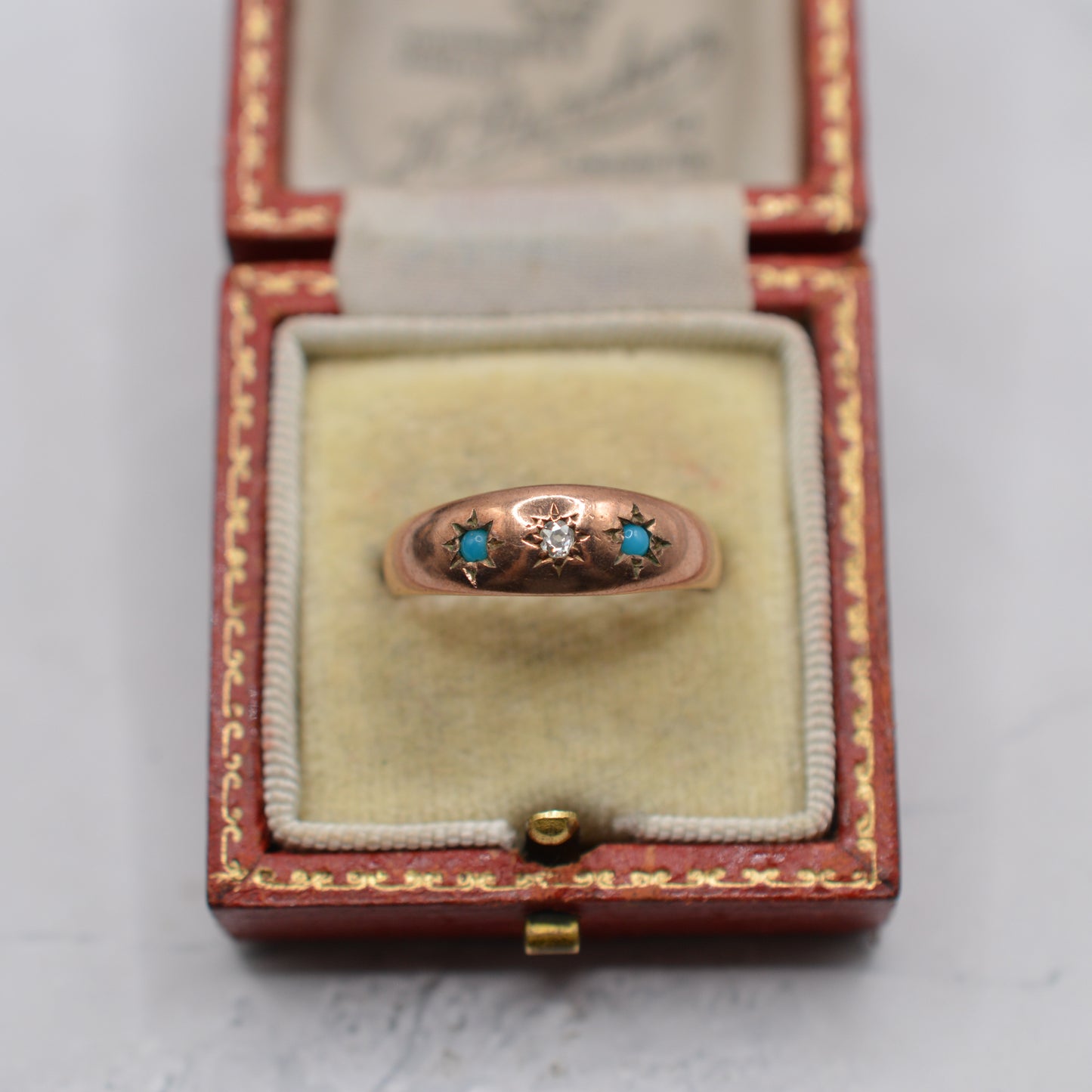 Antique Victorian 9ct Gold Turquoise & Diamond Gypsy Trilogy Ring