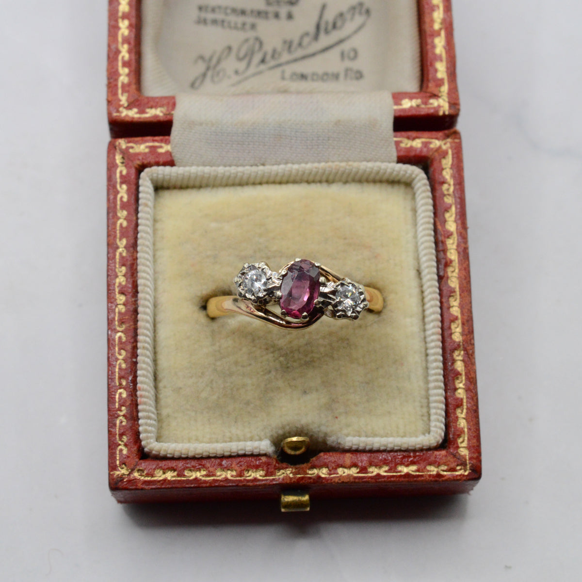 1940s Vintage 22ct Gold Ruby & Diamond Crossover Trilogy Ring