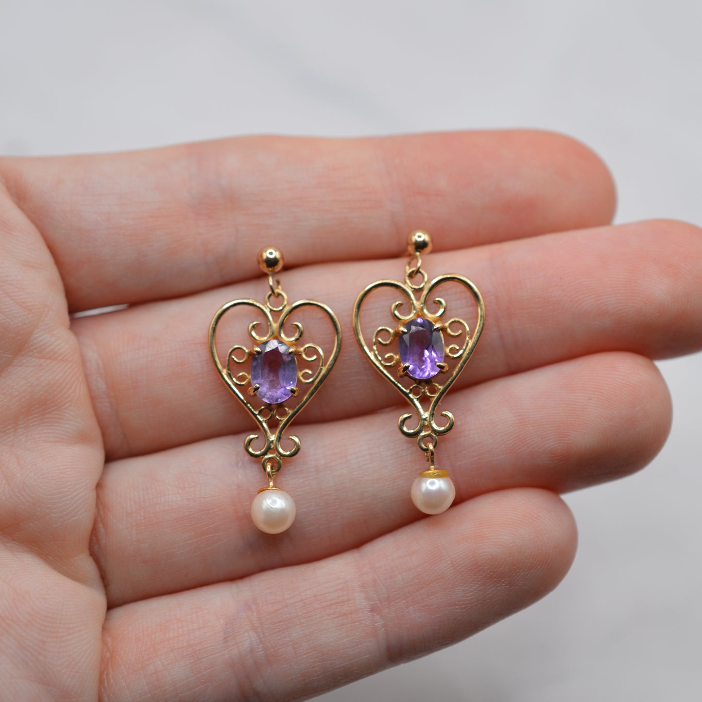 1990s 9ct Gold Amethyt & Pearl Dangly Earrings