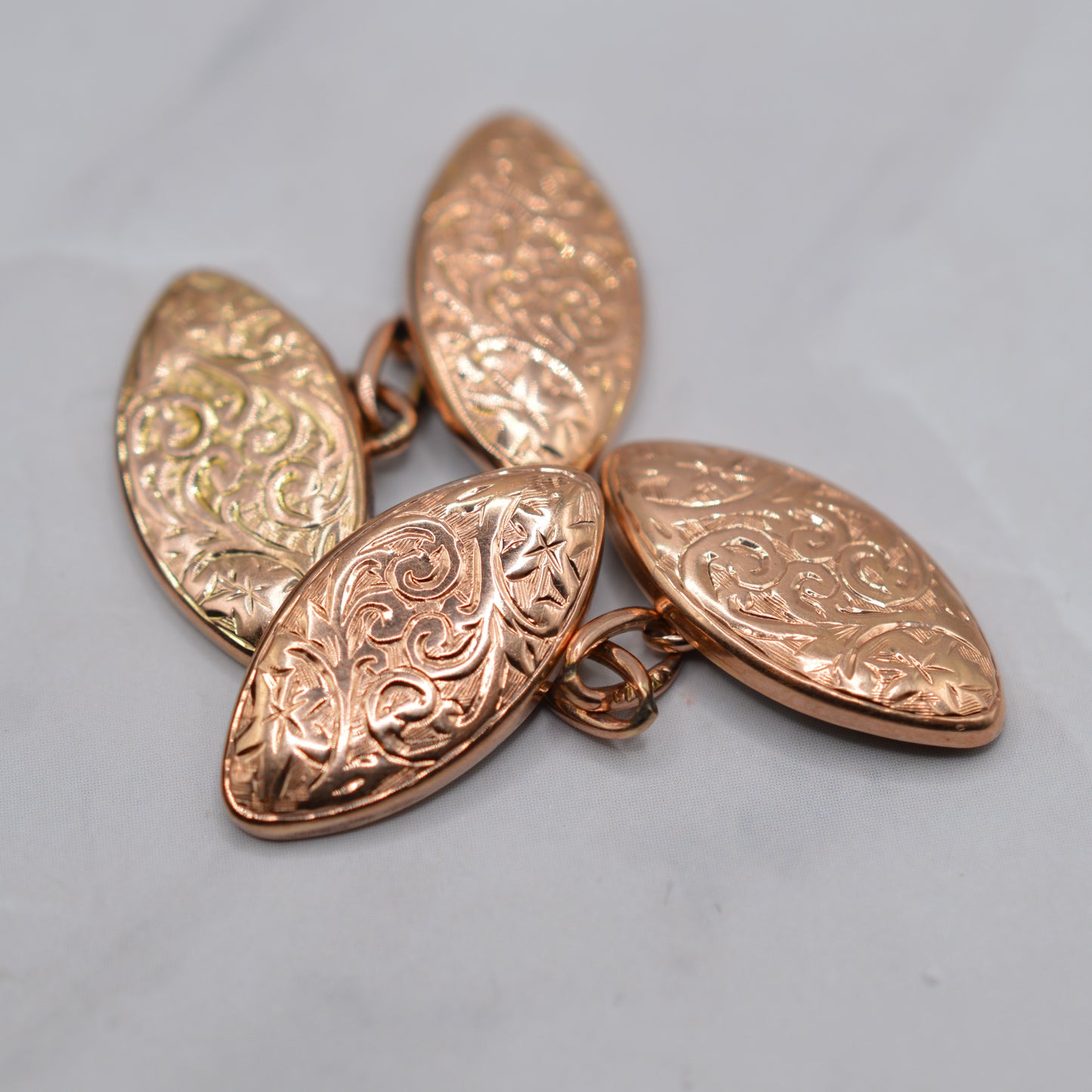 Antique Victorian 1899 9ct Gold Engraved Navette Cufflinks with Presentation Box