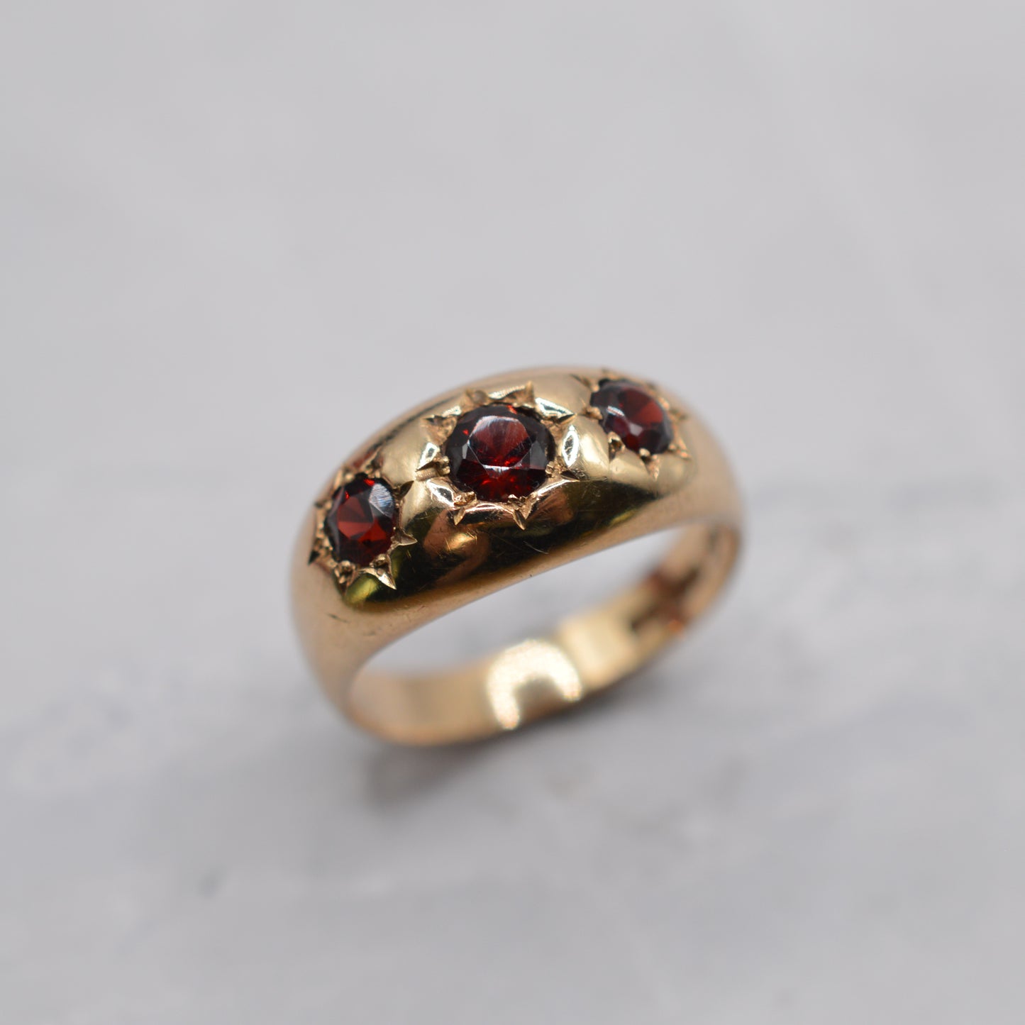 Chunky 1970s Vintage 9ct Gold Garnet Gypsy Trilogy Ring