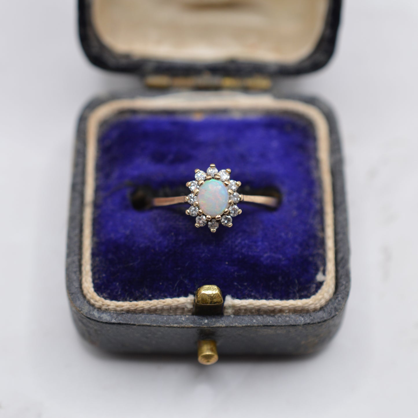 1980s Vintage 9ct Gold Opal & Diamond Cluster Ring