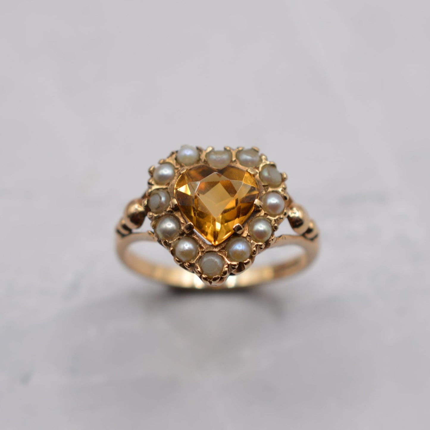 Chunky 1961 Vintage 9ct Gold Citrine & Pearl Heart Cluster Ring