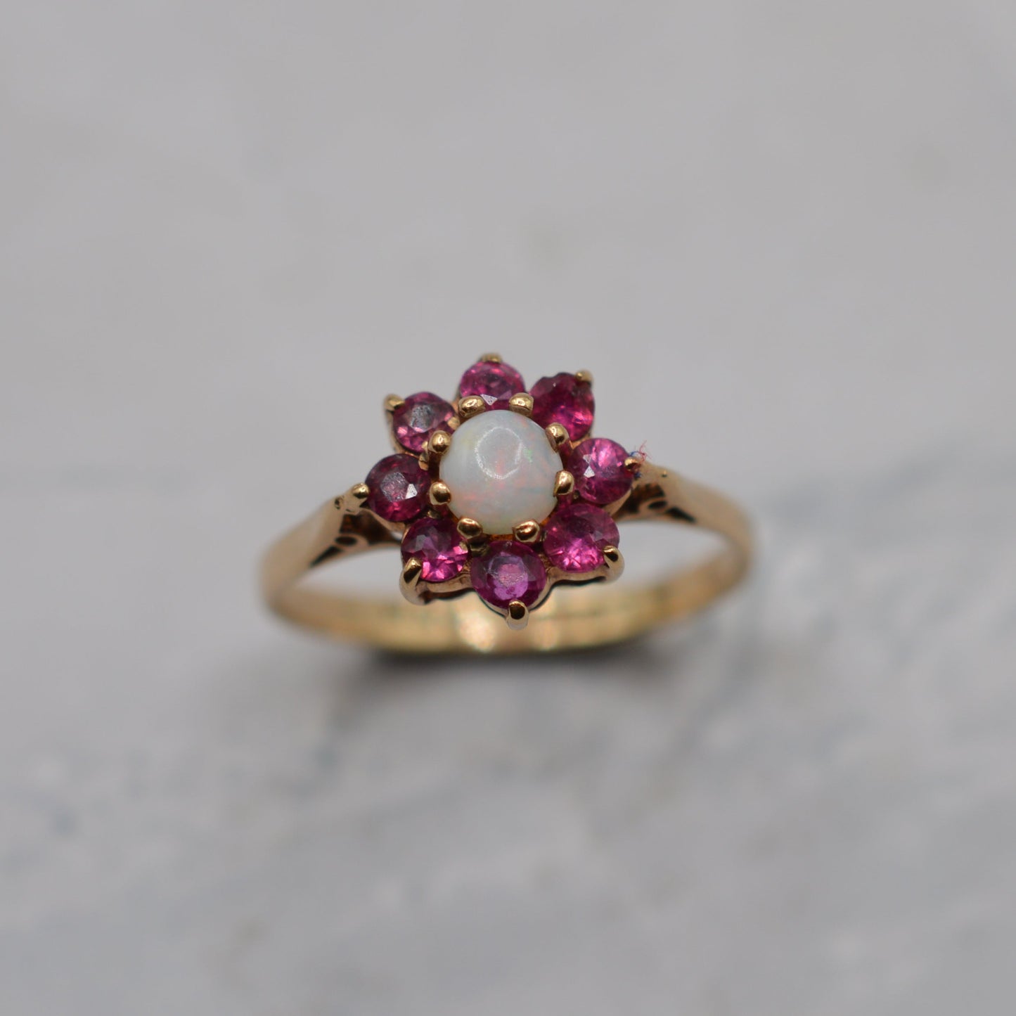 1970s Vintage 9ct Gold Opal & Ruby Floral Cluster Ring