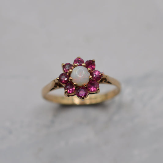 1970s Vintage 9ct Gold Opal & Ruby Floral Cluster Ring