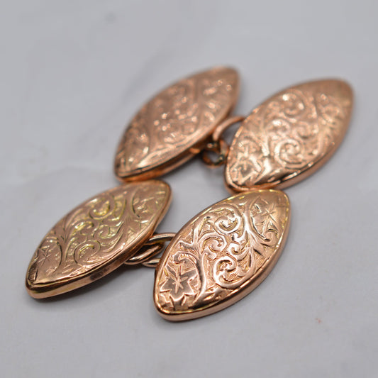Antique Victorian 1899 9ct Gold Engraved Navette Cufflinks with Presentation Box