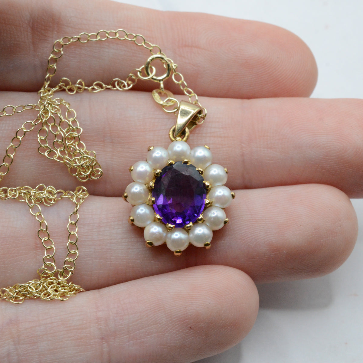 1990s 9ct Gold Amethyst & Pearl Pendant Necklace (16")