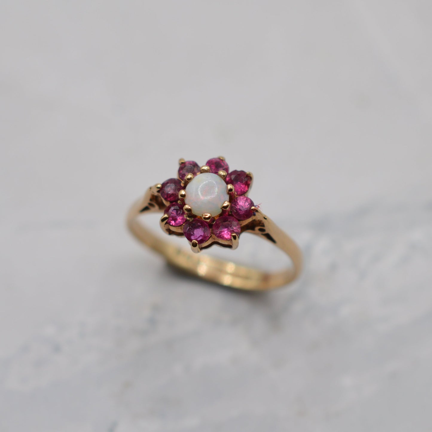 1970s Vintage 9ct Gold Opal & Ruby Floral Cluster Ring