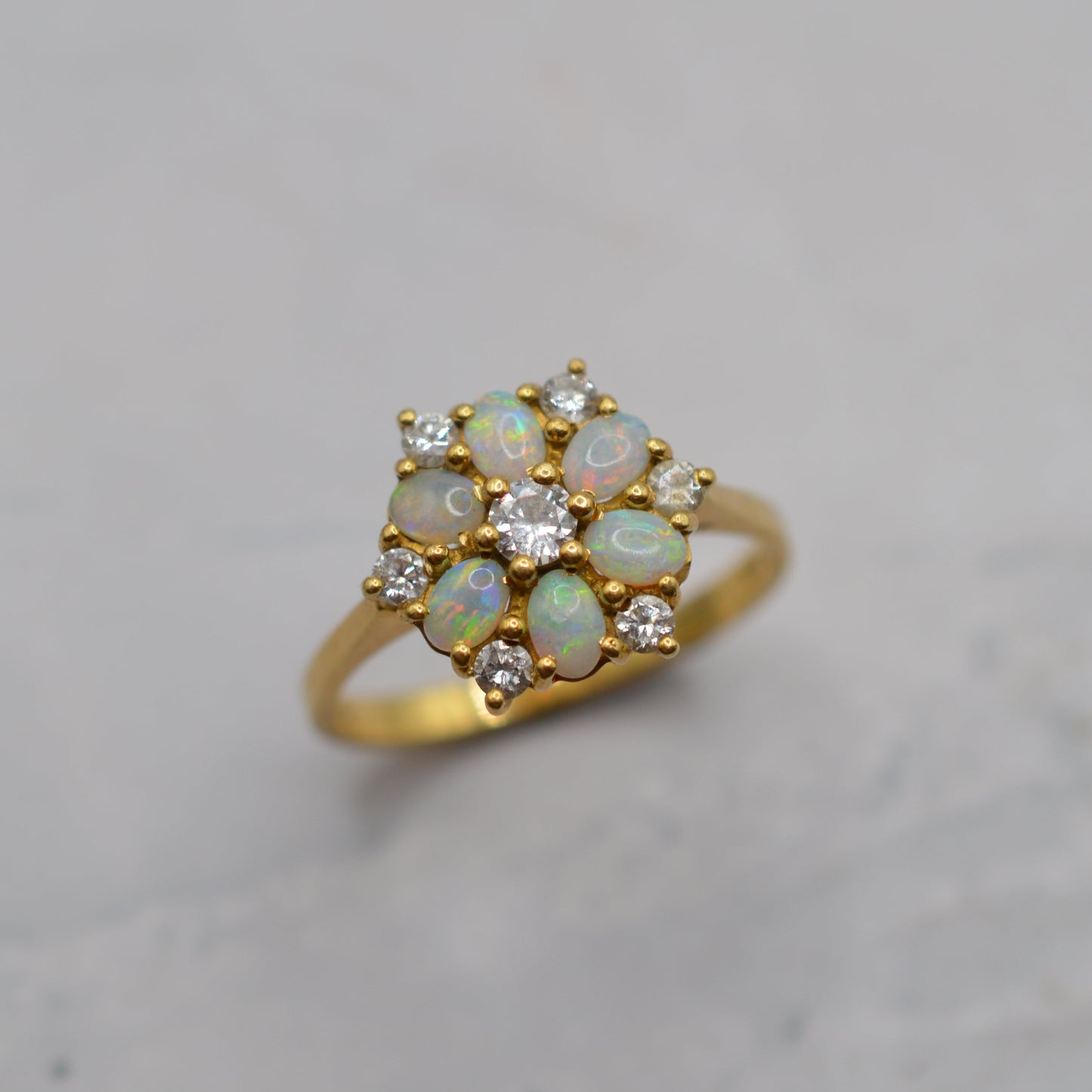 1970s Vintage 18ct Gold Opal & Diamond  Cluster Ring