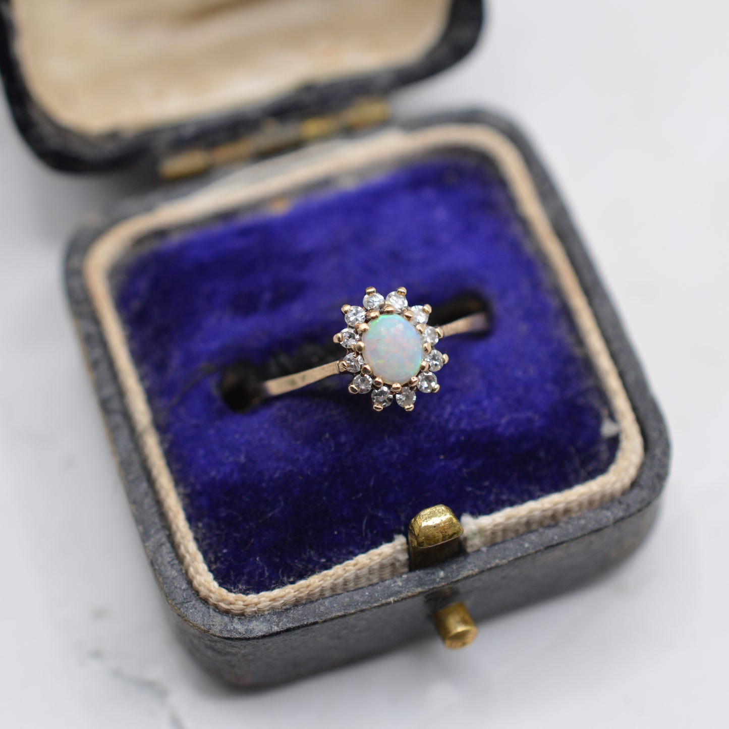 1980s Vintage 9ct Gold Opal & Diamond Cluster Ring