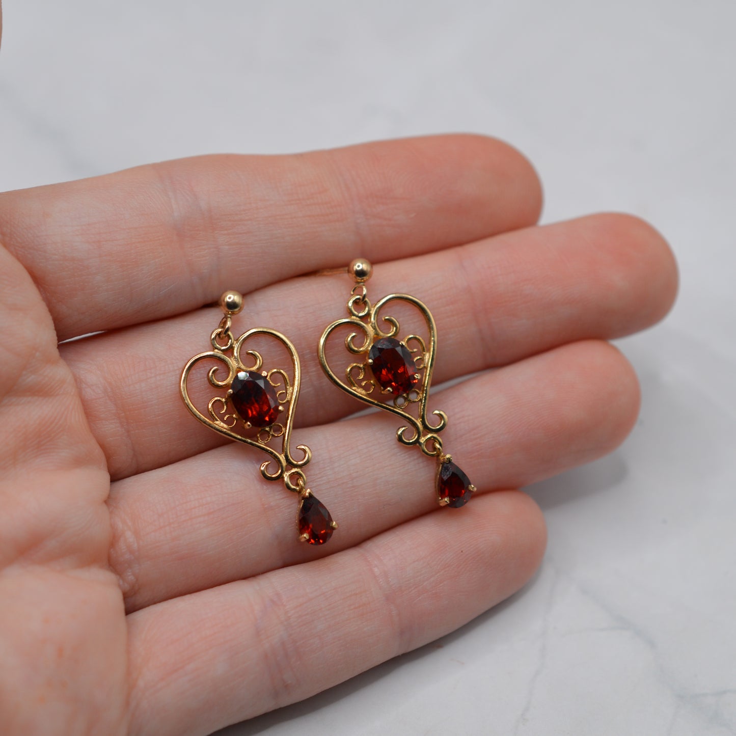 1990s Large 9ct Gold Garnet Openwork Drop Earrings