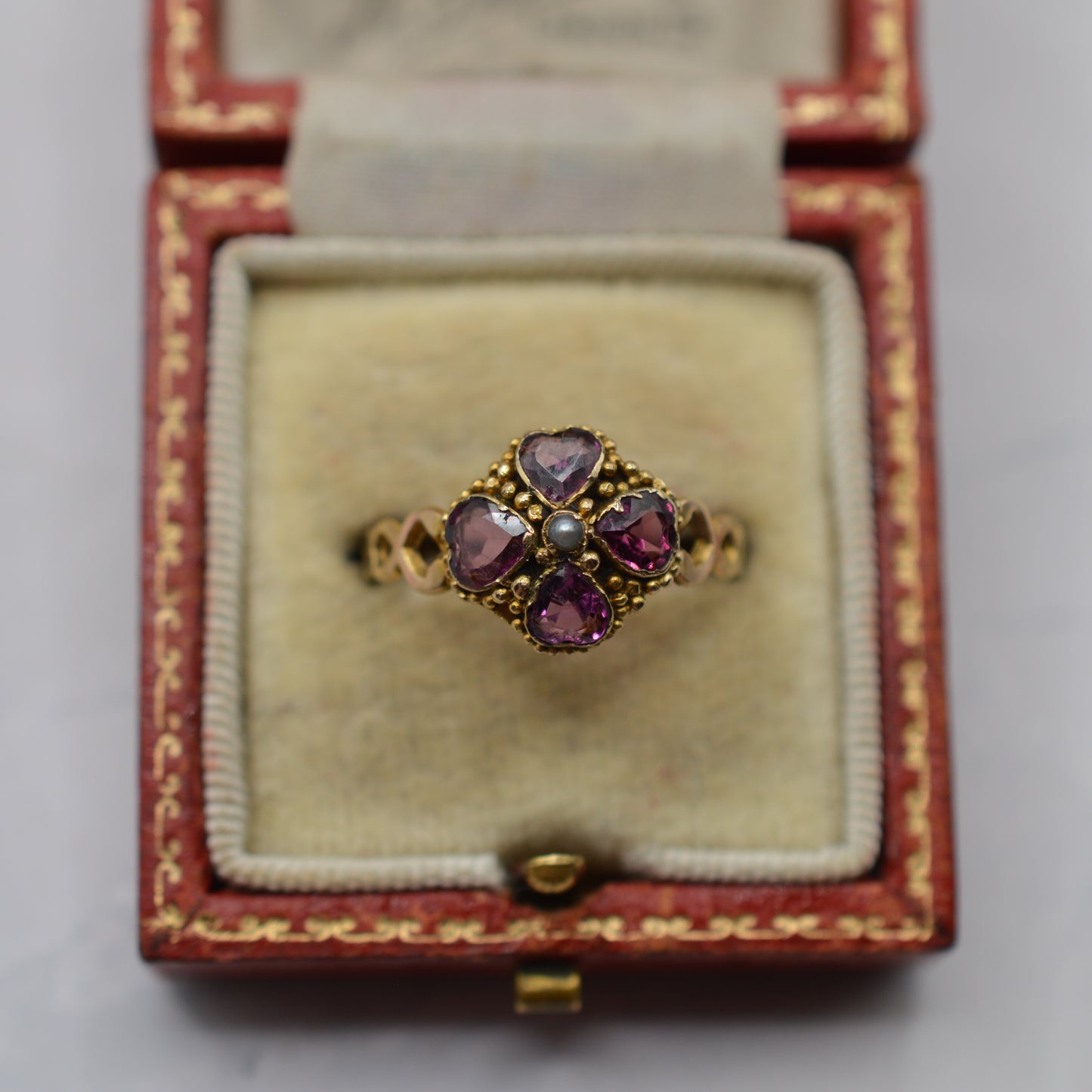 1864 Victorian Antique 12ct Gold Garnet & Pearl Ring
