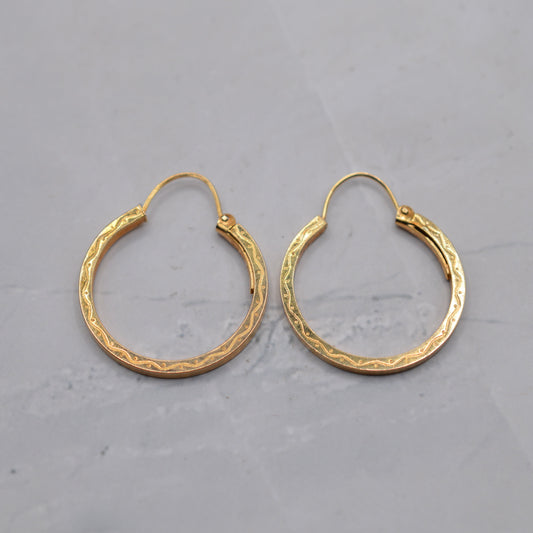 Italian 9ct Gold Engraved Boho Hoop Earrings