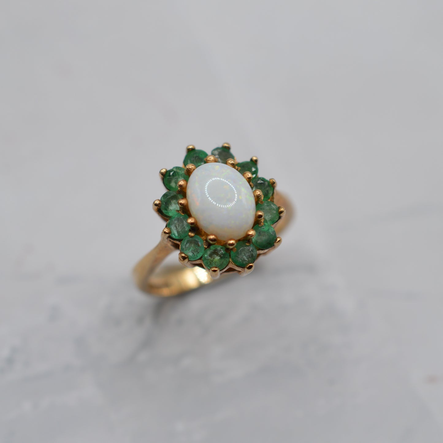 Chunky 1970s Vintage 9ct Gold Opal & Emerald Cluster Ring