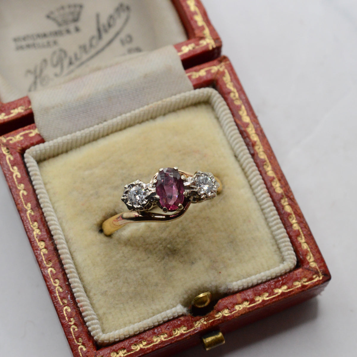 1940s Vintage 22ct Gold Ruby & Diamond Crossover Trilogy Ring