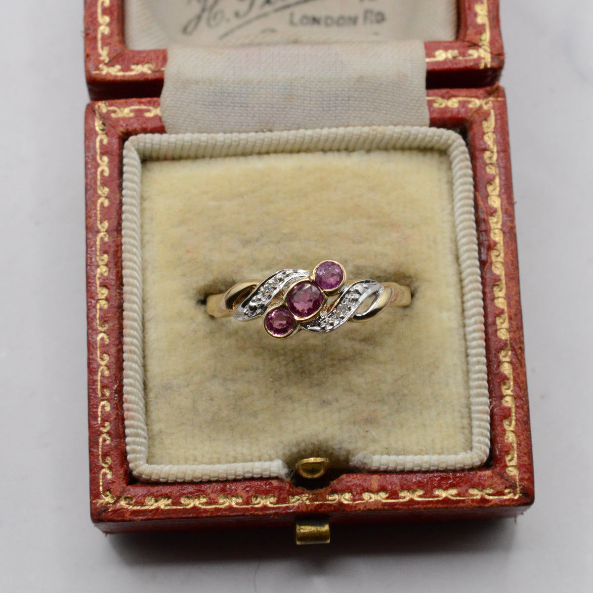 1990s 9ct Gold Ruby & Diamond Twist Ring