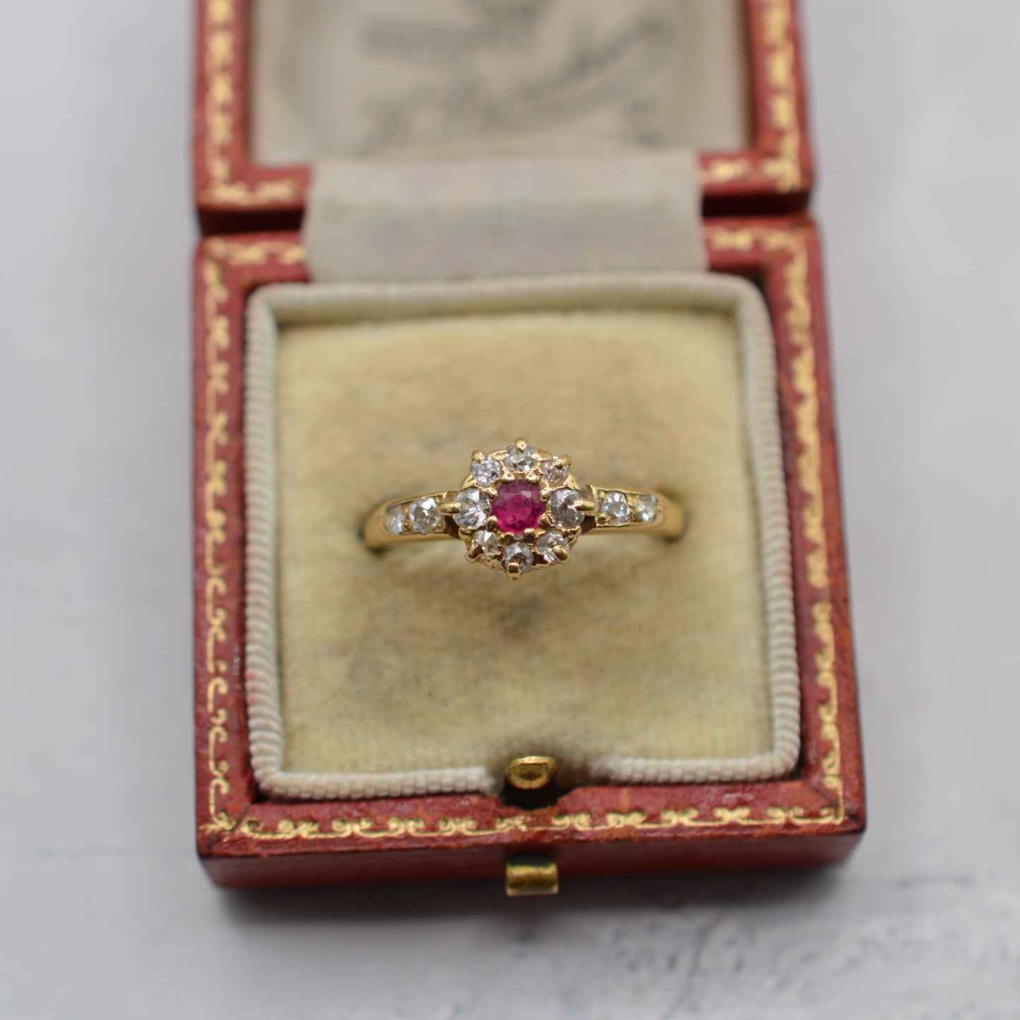 Antique 1912 18ct Gold Ruby & Diamond Cluster Ring