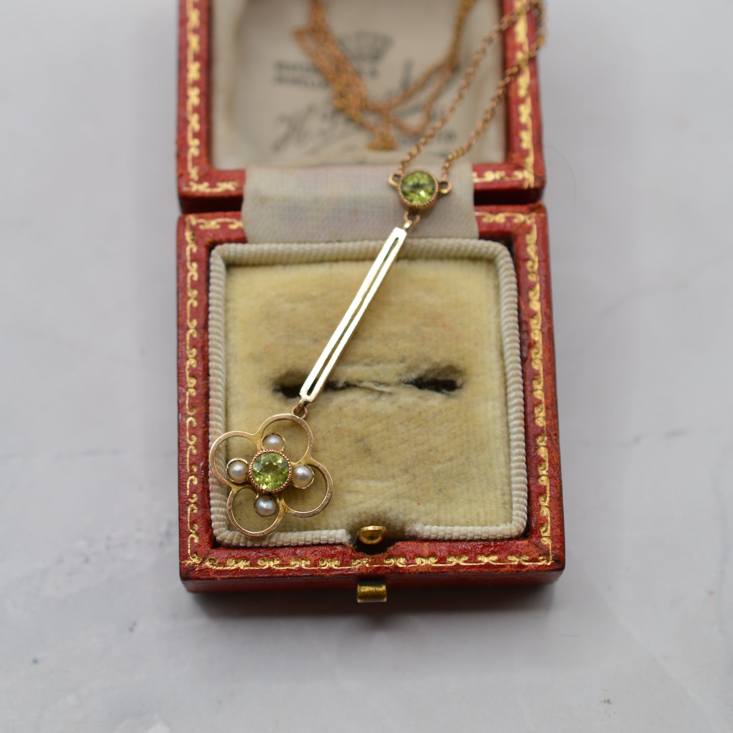 Antique Art Nouveau 9ct Gold Peridot & Pearl Drop Necklace (18”)