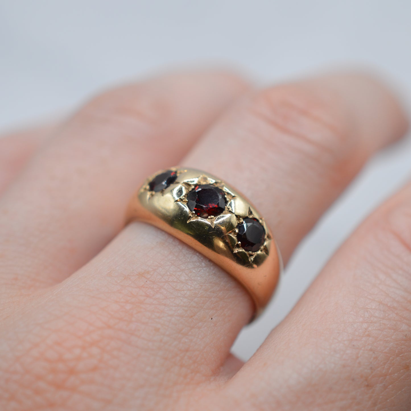 Chunky 1970s Vintage 9ct Gold Garnet Gypsy Trilogy Ring