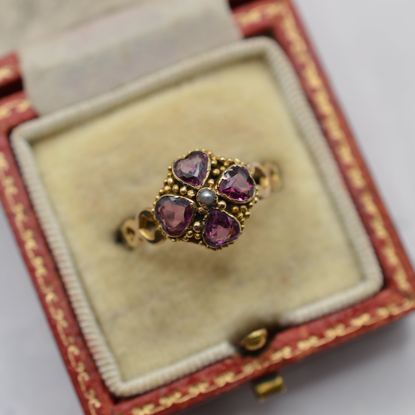1864 Victorian Antique 12ct Gold Garnet & Pearl Ring