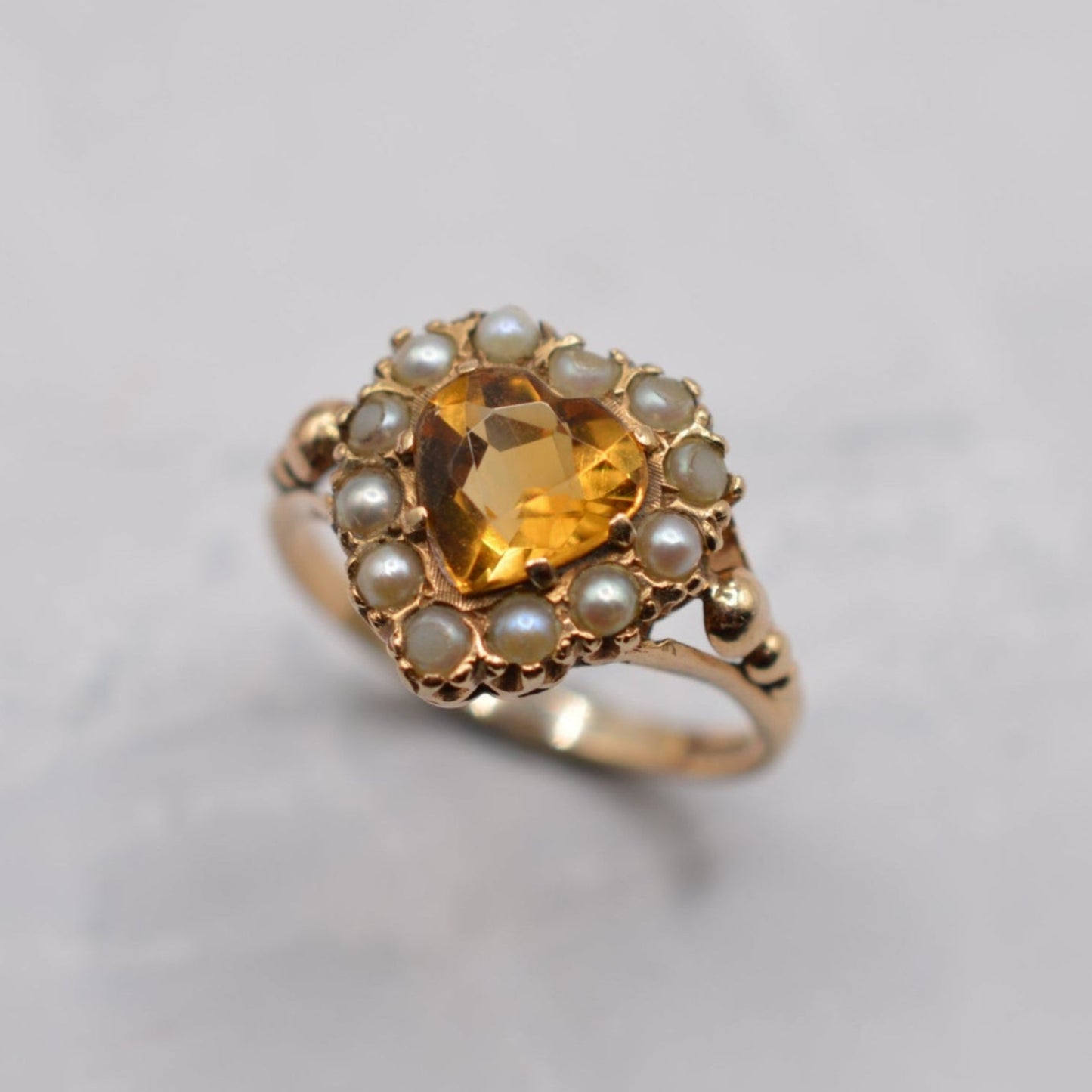 Chunky 1961 Vintage 9ct Gold Citrine & Pearl Heart Cluster Ring