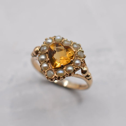 Chunky 1961 Vintage 9ct Gold Citrine & Pearl Heart Cluster Ring