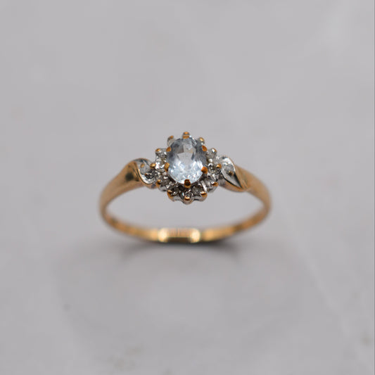 1990s 9ct Gold Aquamarine & Diamond Cluster Ring